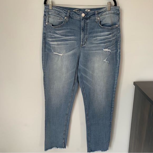 SIZE 14 SEVEN7 SLIM STRAIGHT LIGHT BLUE JEAN FRAYED HEM STRETCH - Picture 2 of 16